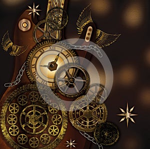 Mysterious and Dark Steampunk Design with Guitar and Clock