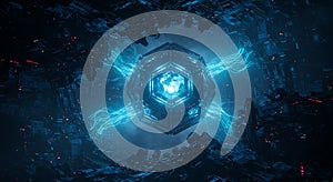 Mysterious digital core radiates electric blue power