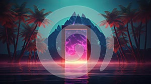 Mysterious door or portal with neon light in the jungle in synthwave style.