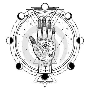 Mysterious drawing: divine hand, providence eye, sacred geometry, phases of the moon.