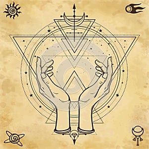 Mysterious drawing: human hands hold a magic circle, sacred geometry. Space symbols.