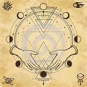 Mysterious drawing: human hands hold a magic circle, sacred geometry. Space symbols.