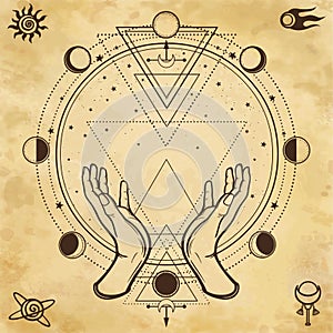 Mysterious drawing: human hands hold a magic circle, sacred geometry. Space symbols.