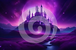 Mysterious dreamy fantastic purple aurora universe castle generated by Ai
