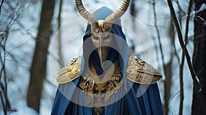 Mysterious Elegance: A Stunning Blue And Gold Costume In The Enchanting Forest