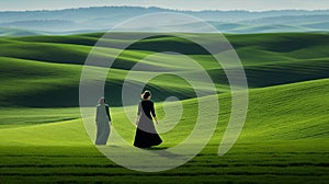 Mysterious Elegance: Two Women Walking On Green Hills