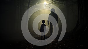 Mysterious Encounter: Child And Man In Silhouette Near Dark Forest