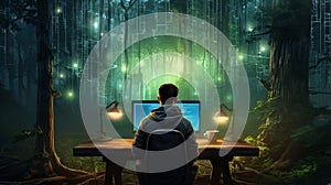 Mysterious environmental hacktivist sitts at computer at desk amidst forest