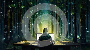 Mysterious environmental hacktivist sitts at computer at desk amidst forest