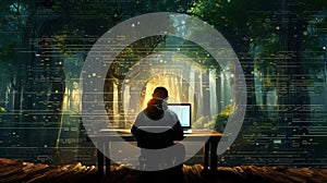 Mysterious environmental hacktivist sitts at computer at desk amidst forest