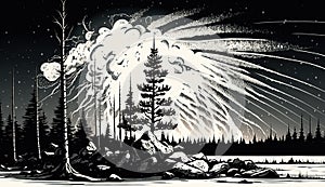 Mysterious explosion in taiga, Tunguska event fantasy artwork. Generative AI photo