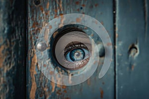 Mysterious eye peeking through hole in aged door