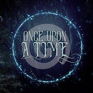 mysterious fairy tale background of dark and haunted forest and magical lights with text.