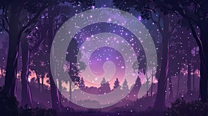 Mysterious fairytale scenery with dark forest and glowing stars in night sky