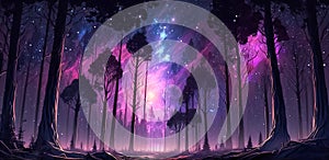 Mysterious fairytale scenery with dark forest and glowing stars in night sky. Horizontal background in purple tone