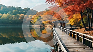 Mysterious Fall Scenery With Lighted Dock In Eonju, South Korea