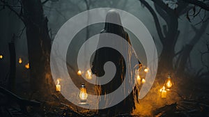 Ghoslty female ghost figure walking amongst Spanish moss, forest and candlelit lanterns on Halloween night - generative AI