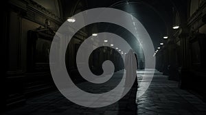 Mysterious Figure In Dark Hallway: A Wizardcore Synthetism-inspired Matte Painting photo