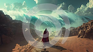 Mysterious figure facing a surreal tidal wave in the desert. digital art concept showcasing a dreamlike scene. suitable