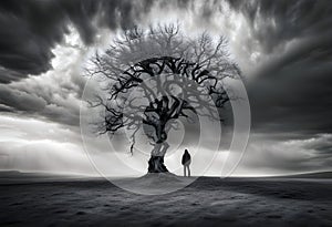 mysterious figure in silhouette stood under a bare twisted tree in a dark cloudy landscape