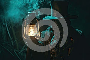 A mysterious figure in a top hat and cloak, holding a vintage lantern in the dark