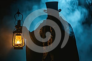 A mysterious figure in a top hat and cloak, holding a vintage lantern in the dark