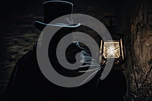 A mysterious figure in a top hat and cloak, holding a vintage lantern in the dark
