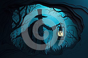 A mysterious figure in a top hat and cloak, holding a vintage lantern in the dark