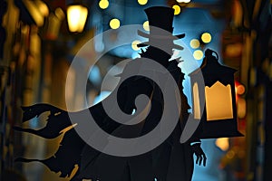 A mysterious figure in a top hat and cloak, holding a vintage lantern in the dark