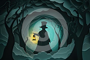 A mysterious figure in a top hat and cloak, holding a vintage lantern in the dark