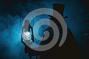 A mysterious figure in a top hat and cloak, holding a vintage lantern in the dark