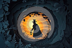 A mysterious figure in a top hat and cloak, holding a vintage lantern in the dark