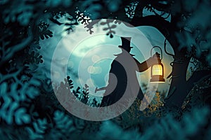 A mysterious figure in a top hat and cloak, holding a vintage lantern in the dark