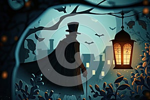 A mysterious figure in a top hat and cloak, holding a vintage lantern in the dark