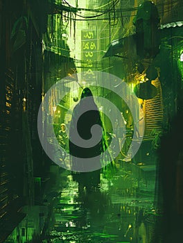 Mysterious Figure Walking in Rainy Neon Lit Cyberpunk Alleyway, Futuristic Urban Scene with Mood Lighting
