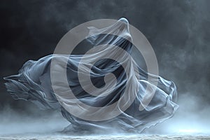Mysterious figure of woman shrouded in flowing, ghostly fabric in wind against dark misty background