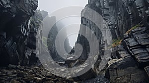 Mysterious Foggy Canyon With Sharp Boulders And Rocks