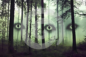 Mysterious forest in the fog with a human eye in front photo