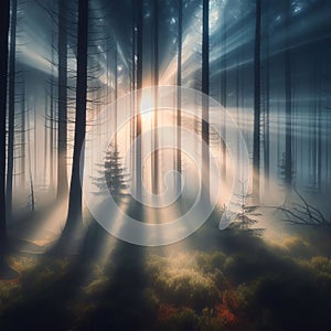 Mysterious forest with fog and sunbeams.