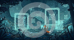 Digital Forest Explorer: Fox Navigating Glowing QR Codes