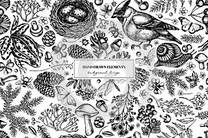 Mysterious forest seamless pattern background design. Engraved style. Hand drawn waxwing, snail, nest, pool frog