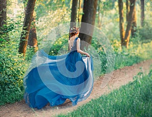 Mysterious girl with red braided hair runs off from royal holiday, lady in long elegant blue dress with flying light