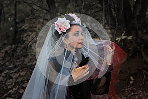 A mysterious Gothic woman in a long black Victorian dress and a white veil with blood, holds a bird. Halloween concept. A classic