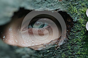 Mysterious green eye peeking through mossy tree bark photo