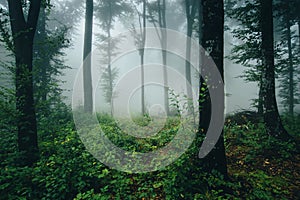 Mysterious green forest environment with fog through trees