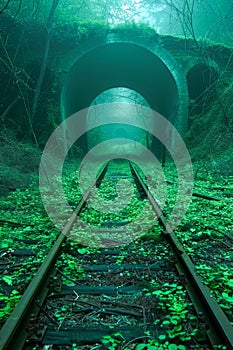 Mysterious Green Overgrown Tunnel with Abandoned Train Tracks in a Misty Forest