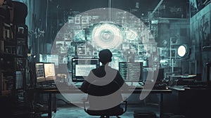 Mysterious Hacker Working Late at Night in a Dark Room Filled with Computer Screens Displaying Complex Data and Code