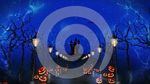 Mysterious halloween night. Dead tree forest road to the castle. Pumpkins and streetlights. Loop. Celebration theme.