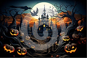 Mysterious Halloween Night with Haunted Houses and Spooky, Generative Ai