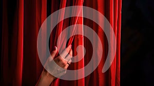Mysterious hand peeks through red velvet curtains on a dark stage. Anticipation in a drama theater setting. Perfect for